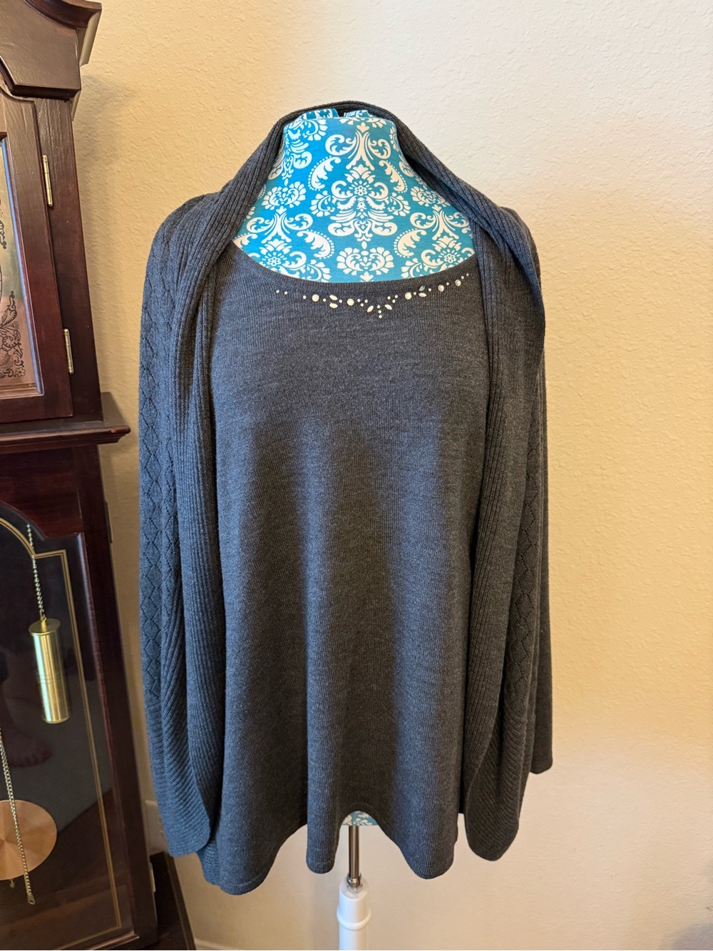Embellished Dark Gray Open-Front Cardigan